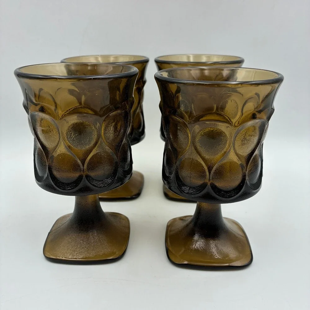 Noritake Spotlight Walnut Brown Goblets Set of 4 MCM Thumbprint Square Base